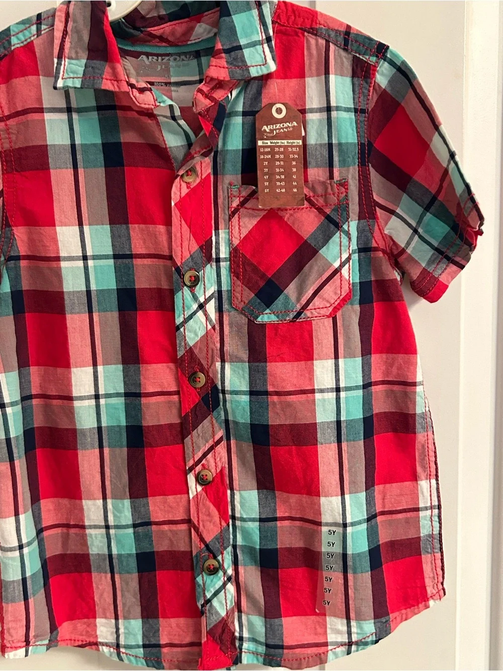 NWT-Boys Arizona Jean Company Red and Teal Plaid Short-Sleeve Button-Down Shirt
